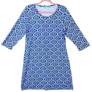 Anthonys Resort Wear Blue White Geometric Greek Key 3/4 Sleeve Dress Large